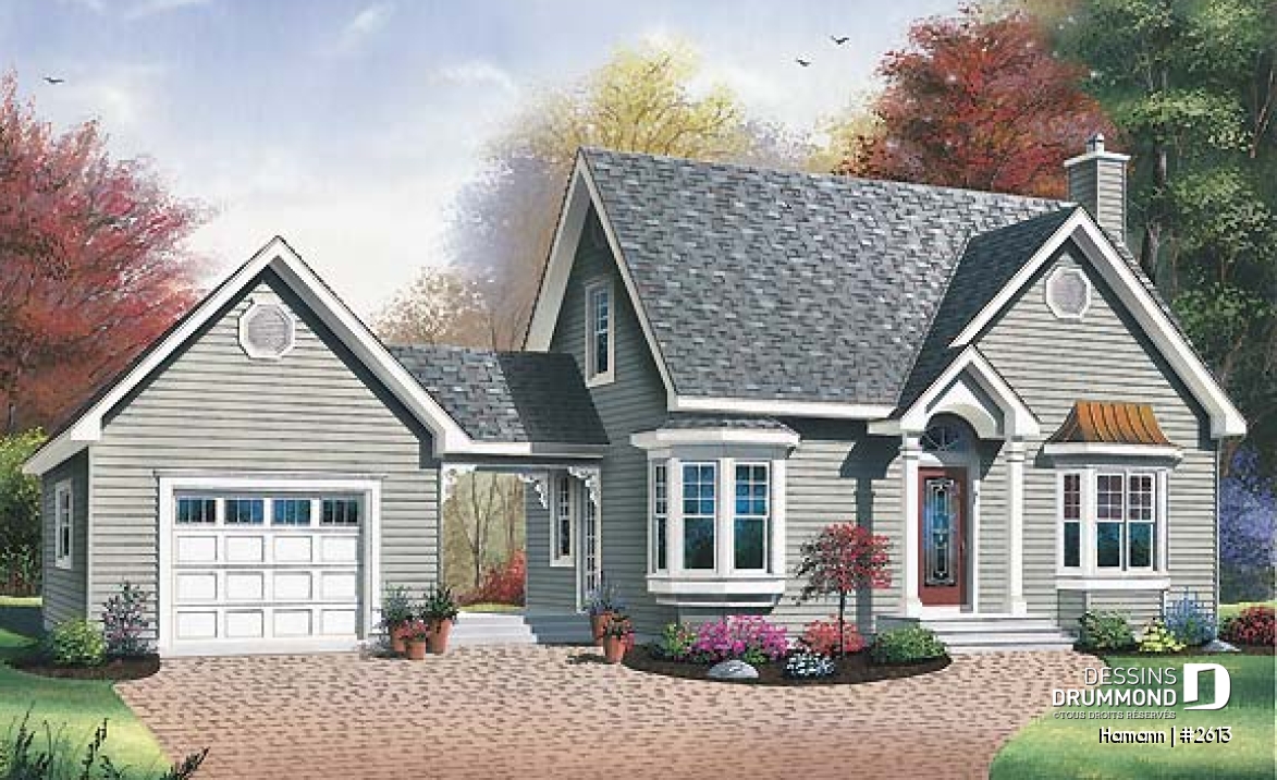 Vue avant - MODÈLE DE BASE - Plan de cottage de 2 chambres, bureau, garage rattaché par un passage couvert - Hamann