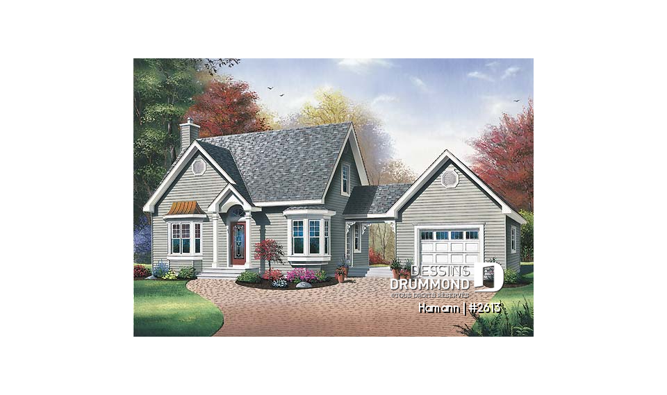 Vue avant - MODÈLE DE BASE - Plan de cottage de 2 chambres, bureau, garage rattaché par un passage couvert - Hamann