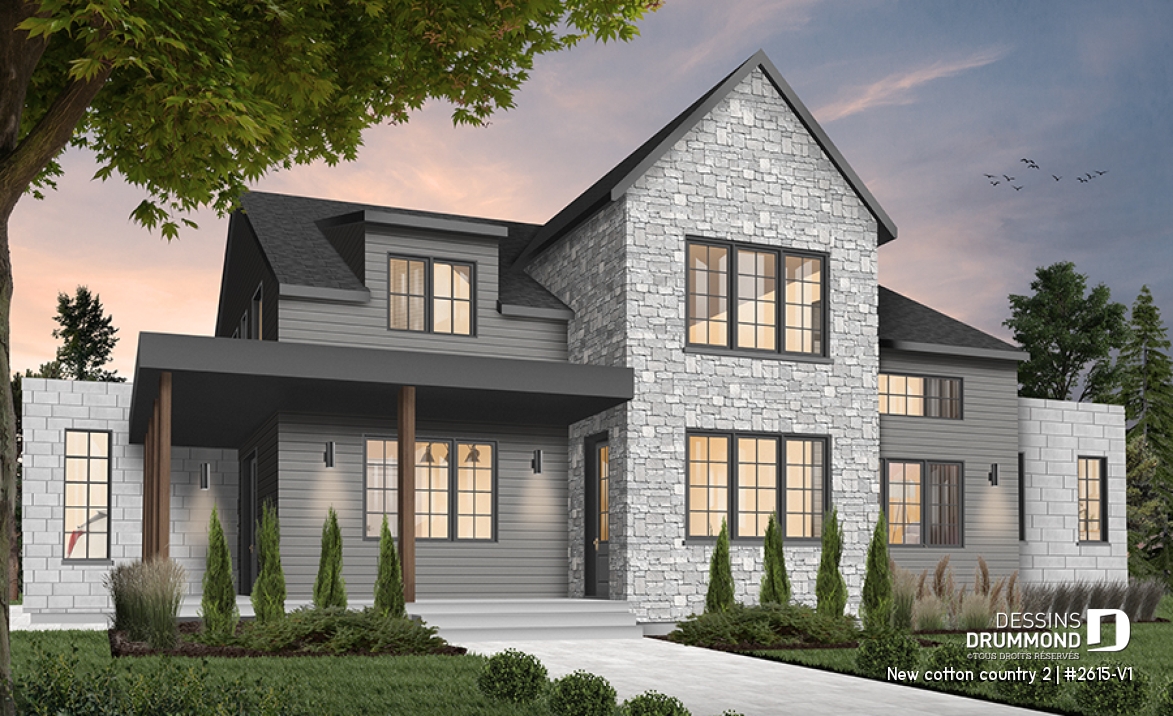 Version couleur no. 5 - Vue avant - Plan de maison 4 chambres, style farmhouse américain, bureau à domicile, superbe terrasse, foyer, garde-manger - New cotton country 2
