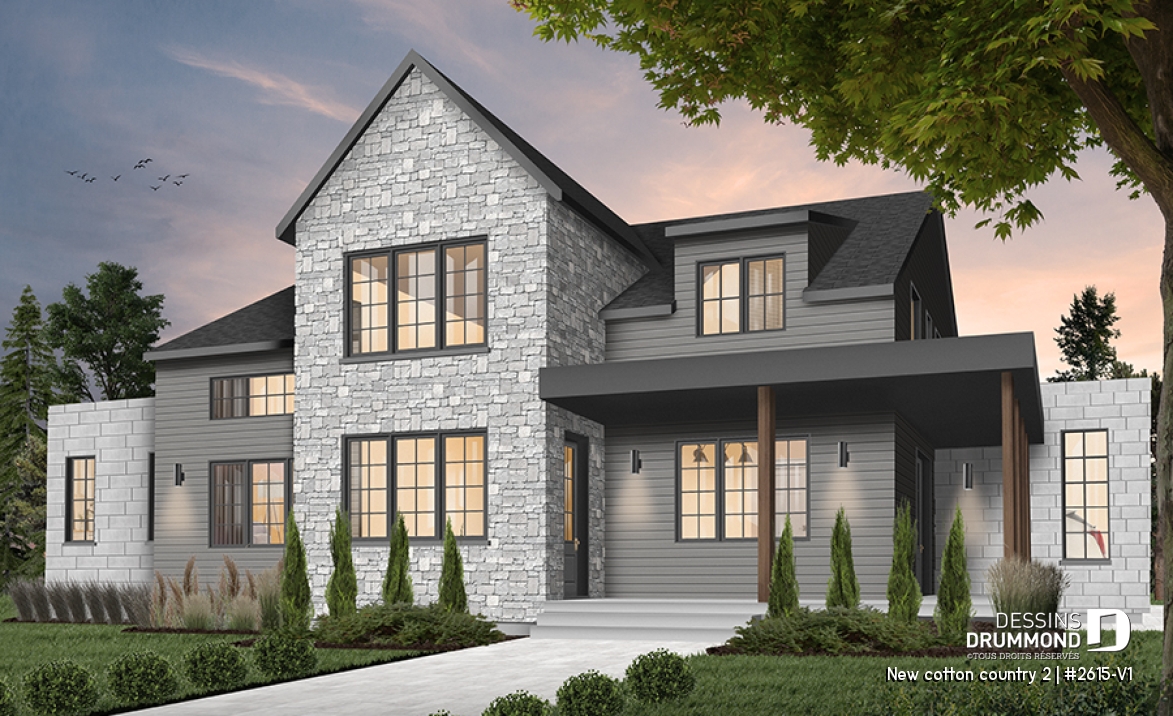 Version couleur no. 5 - Vue avant - Plan de maison 4 chambres, style farmhouse américain, bureau à domicile, superbe terrasse, foyer, garde-manger - New cotton country 2
