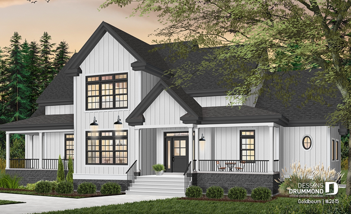 Version couleur no. 1 - Vue avant - Plan de grande maison 4 chambres, garage double + bureau, 2 chambres avec salle bain privée - Goldbourn
