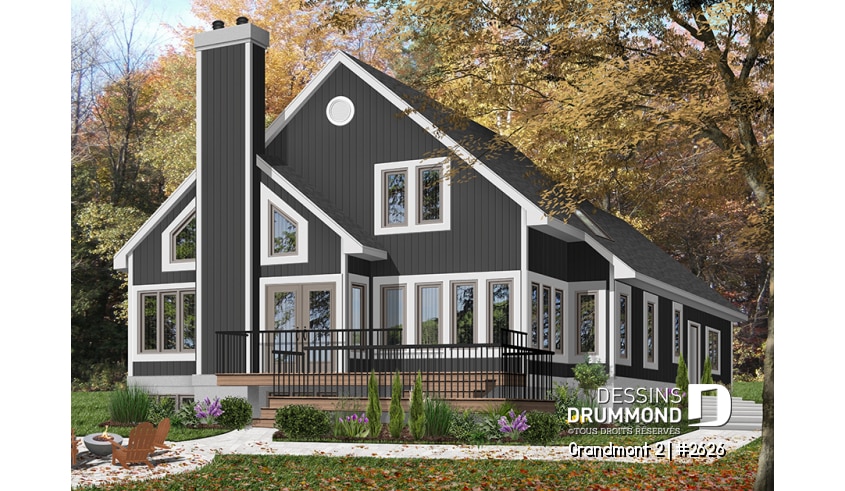 Version couleur no. 3 - Vue arrière - Plan de maison style chalet 3 chambres pour vue panoramique, garage, foyer, grande terrasse - Grandmont 2