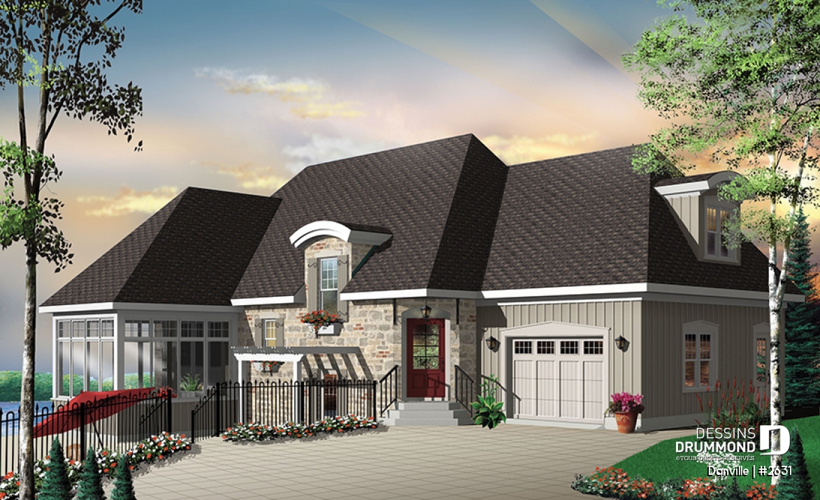 Vue avant - MODÈLE DE BASE - Plan pour maison, terrain étroit et bord de lac, 3 à 4 chambres, solarium, garage - Danville