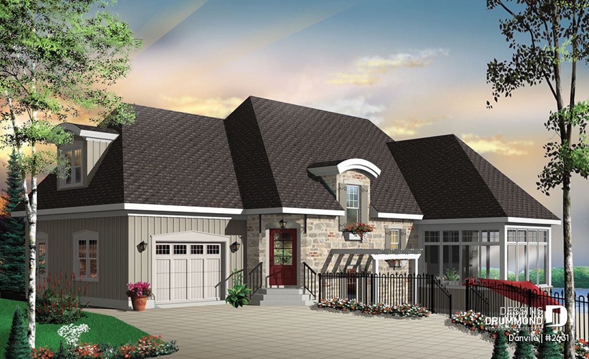 Vue avant - MODÈLE DE BASE - Plan pour maison, terrain étroit et bord de lac, 3 à 4 chambres, solarium, garage - Danville