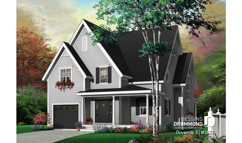 Version couleur no. 7 - Vue avant - Plan de maison Tudor, 3 à 4 chambres, îlot, foyer, bureau à domicile, buanderie à l'étage, espace boni - Duvernay 3