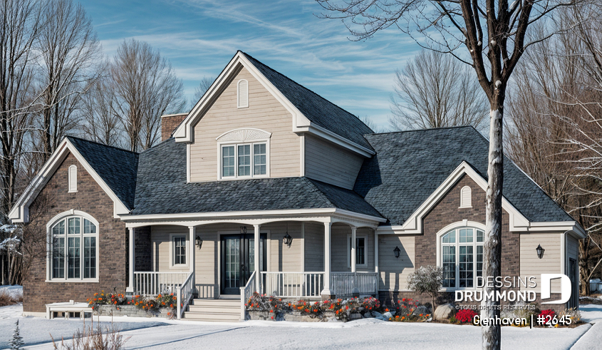 Vue avant - MODÈLE DE BASE - Plan de grande maison à étage, garage double, plafond 9', chambre des parents au 1er, 2 à 3 chambres à l'étage - Glenhaven