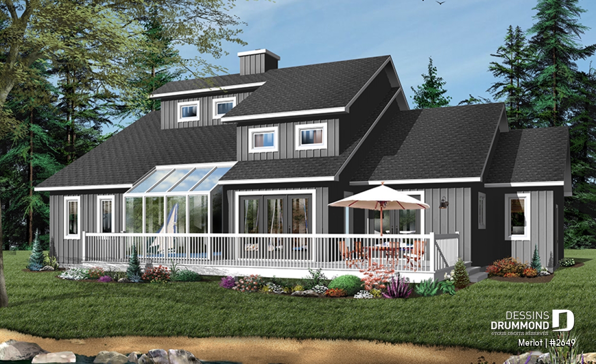 Version couleur no. 1 - Vue arrière - Plan de chalet 3 à 4 chambres, salon avec foyer, garage double, buanderie au r-d-c, 3 ou 4 chambres à l'étage - Merlot