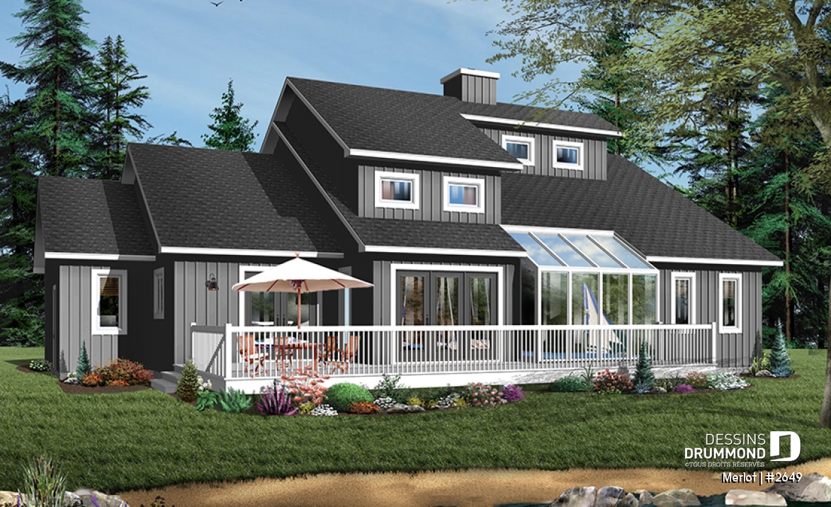 Version couleur no. 1 - Vue arrière - Plan de chalet 3 à 4 chambres, salon avec foyer, garage double, buanderie au r-d-c, 3 ou 4 chambres à l'étage - Merlot
