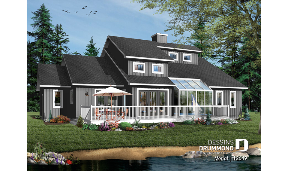 Version couleur no. 1 - Vue arrière - Plan de chalet 3 à 4 chambres, salon avec foyer, garage double, buanderie au r-d-c, 3 ou 4 chambres à l'étage - Merlot