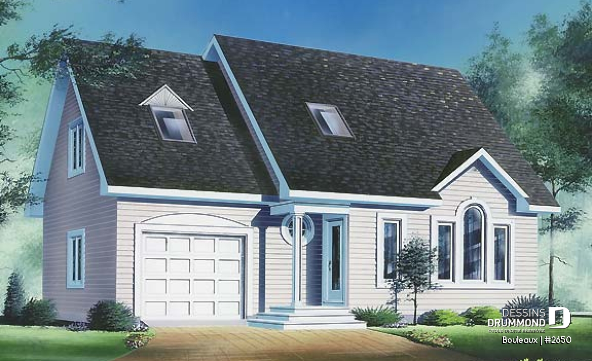 Vue avant - MODÈLE DE BASE - Cottage traditionnel, garage, 3 chambres, cuisine avec îlot, espace ouvert - Bouleaux