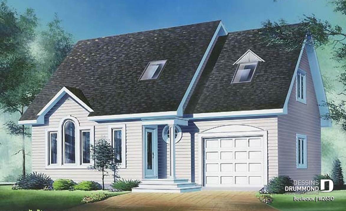 Vue avant - MODÈLE DE BASE - Cottage traditionnel, garage, 3 chambres, cuisine avec îlot, espace ouvert - Bouleaux