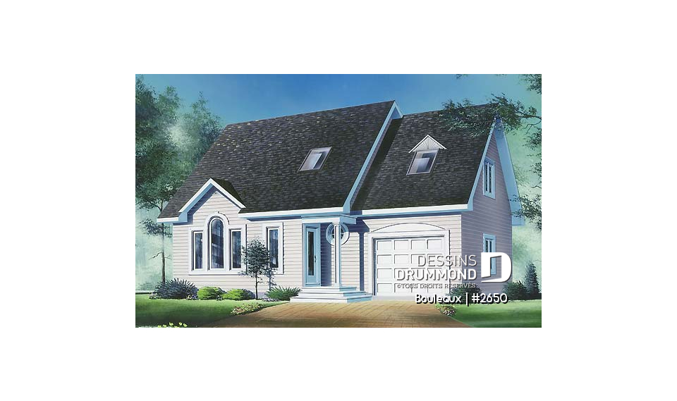Vue avant - MODÈLE DE BASE - Cottage traditionnel, garage, 3 chambres, cuisine avec îlot, espace ouvert - Bouleaux