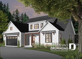 Vue avant - MODÈLE DE BASE - Plan maison Farmhouse 4 chambres, garage triple, îlot, garde-manger, foyer, suite des parents au premier - Greenhills 2