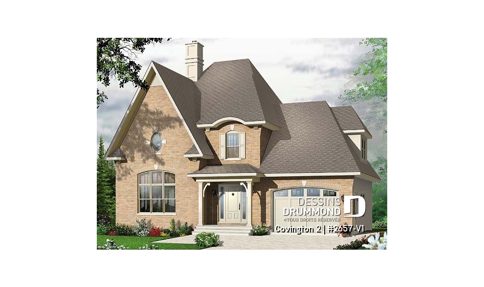 Vue avant - MODÈLE DE BASE - Plan de manoir 3 chambres, garage, mezzanine, foyer, terrasse abritée - Covington 2