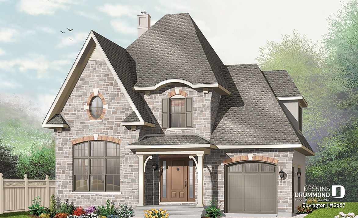 Vue avant - MODÈLE DE BASE - Plan de maison de style Manoir, cuisine fonctionnelle, 3 chambres, garage, vestibule - Covington