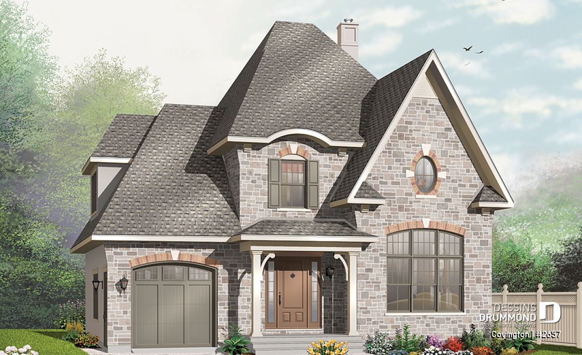 Vue avant - MODÈLE DE BASE - Plan de maison de style Manoir, cuisine fonctionnelle, 3 chambres, garage, vestibule - Covington