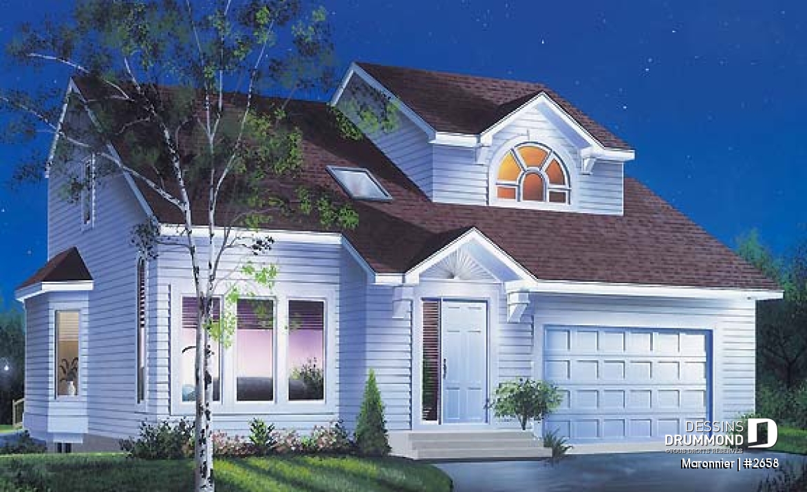 Vue avant - MODÈLE DE BASE - Plan de maison 3 chambres, espace ouvert, portes françaises à la salle à manger, garage - Maronnier