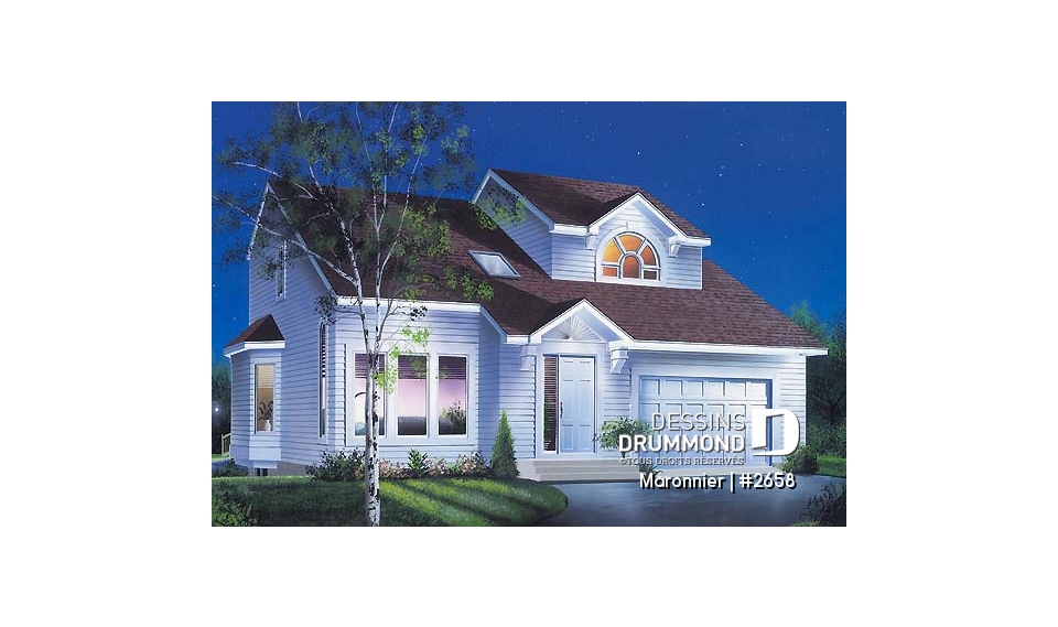 Vue avant - MODÈLE DE BASE - Plan de maison 3 chambres, espace ouvert, portes françaises à la salle à manger, garage - Maronnier