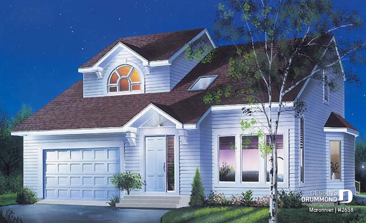 Vue avant - MODÈLE DE BASE - Plan de maison 3 chambres, espace ouvert, portes françaises à la salle à manger, garage - Maronnier