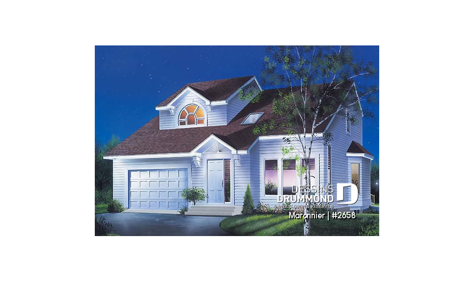 Vue avant - MODÈLE DE BASE - Plan de maison 3 chambres, espace ouvert, portes françaises à la salle à manger, garage - Maronnier