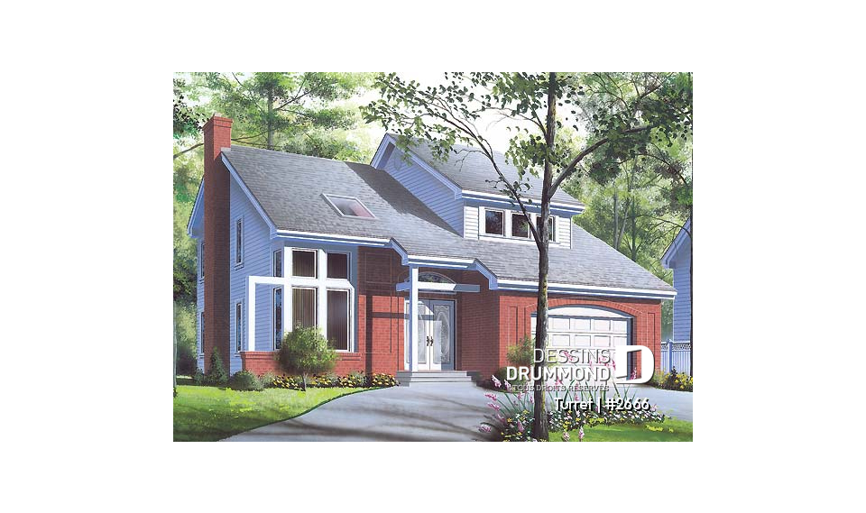 Vue avant - MODÈLE DE BASE - Plan de maison moderne 3 chambres, bureau, mezzanine, espace ouvert, îlot, garage - Turret