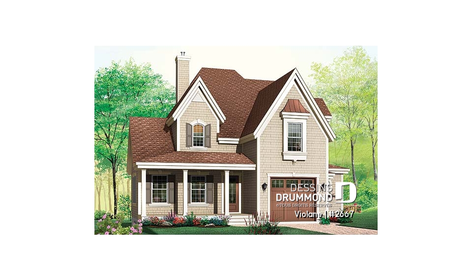 Vue avant - MODÈLE DE BASE - Maison champêtre, coin déjeuner, aire ouverte, garage simple, 3 chambres - Violane