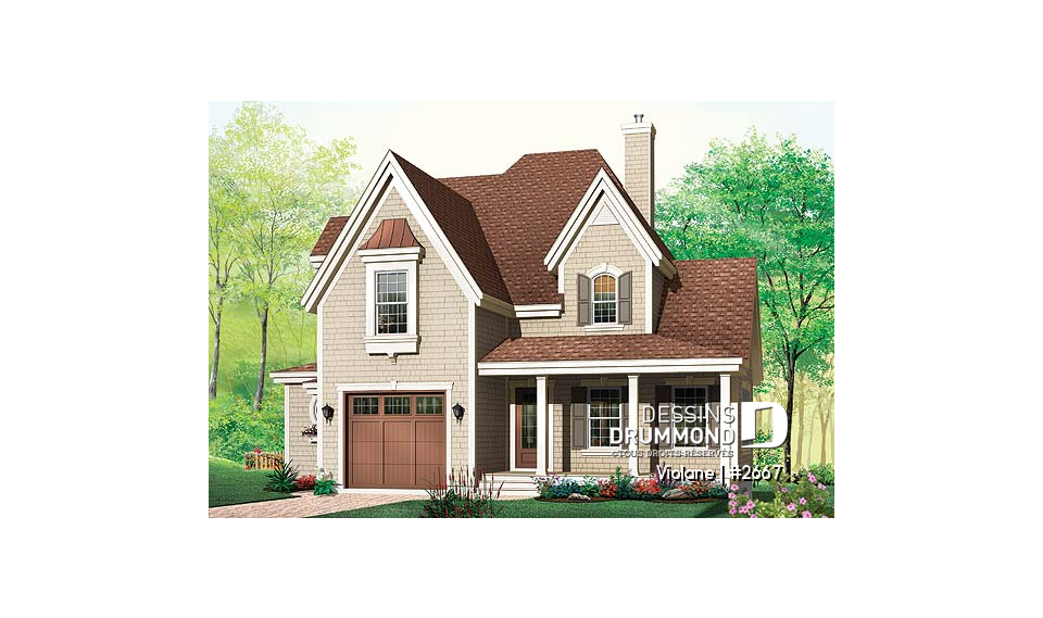 Vue avant - MODÈLE DE BASE - Maison champêtre, coin déjeuner, aire ouverte, garage simple, 3 chambres - Violane