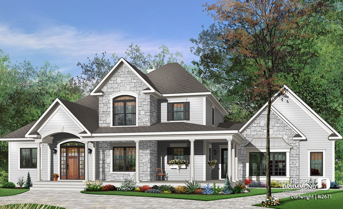 Version couleur no. 2 - Vue avant - Plan de maison champêtre, 3 à 4 chambres, superbe salon avec foyer, garage latéral triple, terrasse abritée - Cartwright