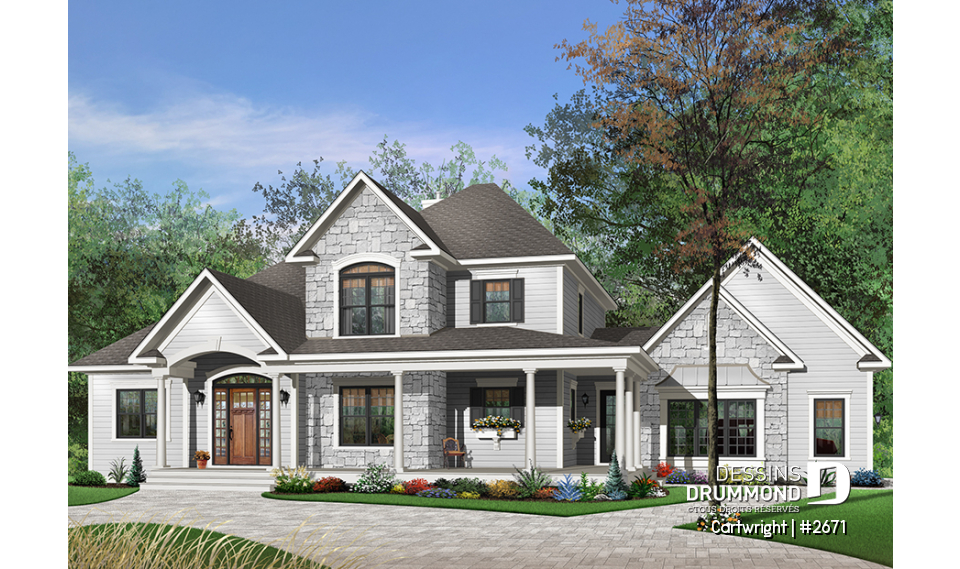 Version couleur no. 2 - Vue avant - Plan de maison champêtre, 3 à 4 chambres, superbe salon avec foyer, garage latéral triple, terrasse abritée - Cartwright