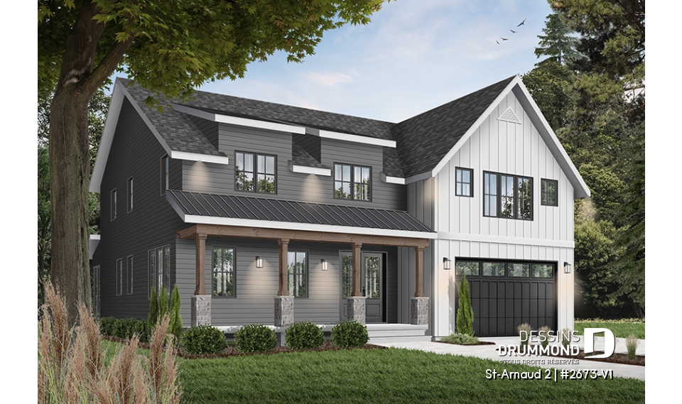 Vue avant - MODÈLE DE BASE - Plan maison style farmhouse champêtre, 5 chambres, 4.5 salles de bain, garage double, superbe fenestration - St-Arnaud 2
