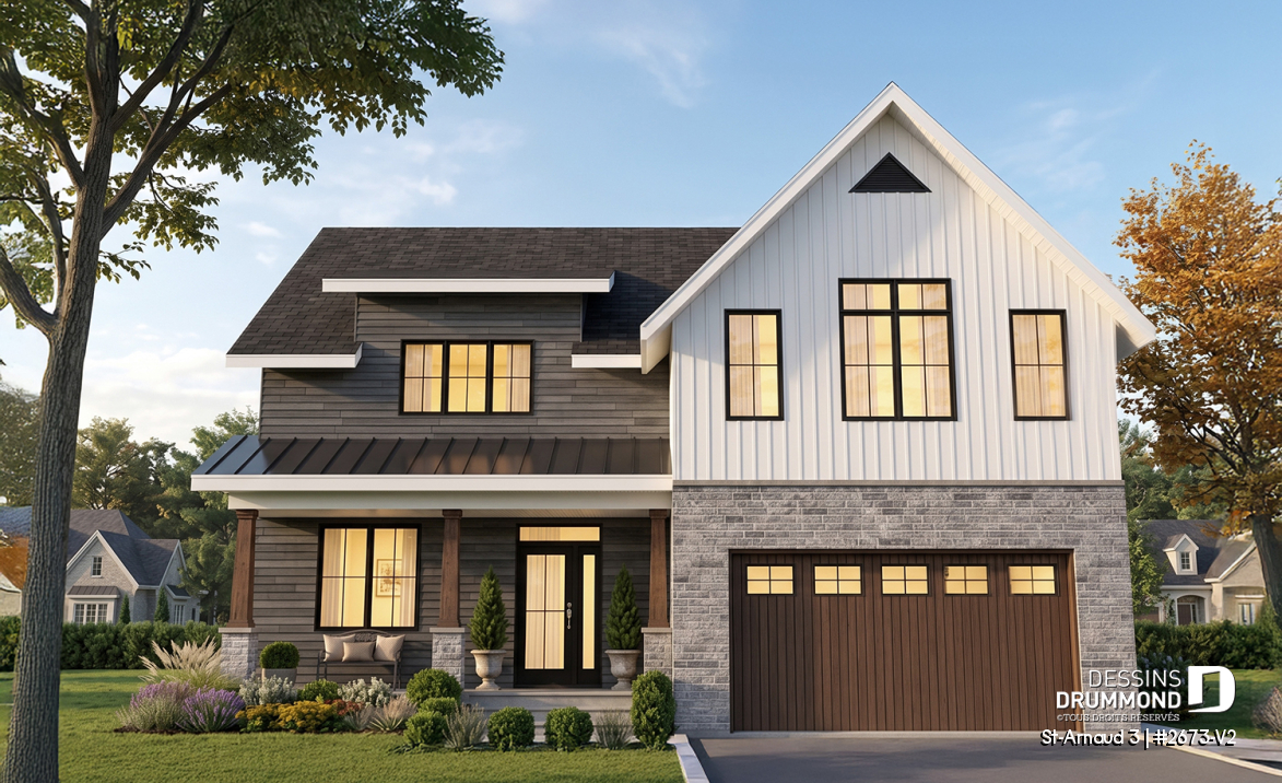 Vue avant - MODÈLE DE BASE - Plan de maison farmhouse moderne – 4 chambres, garage double et foyer spectaculaire - St-Arnaud 3