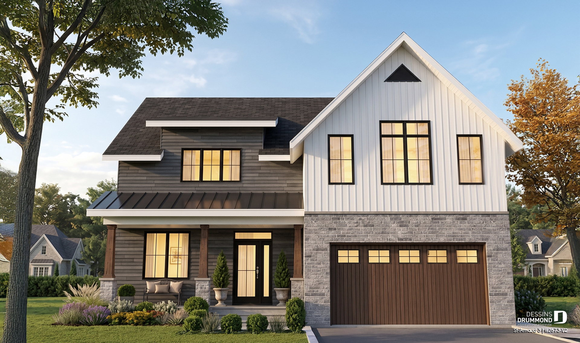 Vue avant - MODÈLE DE BASE - Plan de maison farmhouse moderne – 4 chambres, garage double et foyer spectaculaire - St-Arnaud 3