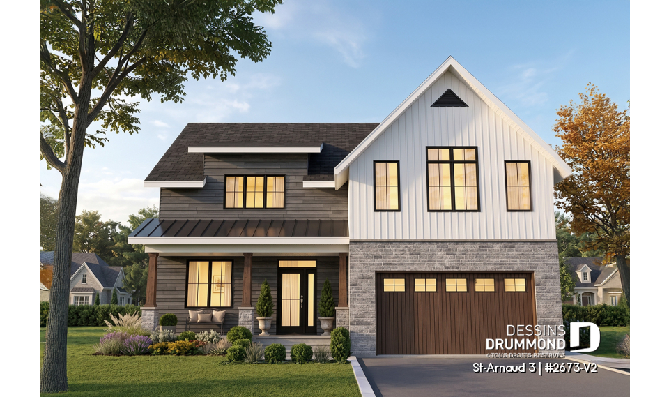 Vue avant - MODÈLE DE BASE - Plan de maison farmhouse moderne – 4 chambres, garage double et foyer spectaculaire - St-Arnaud 3