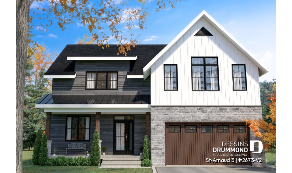 Vue avant - MODÈLE DE BASE - Plan de maison farmhouse moderne – 4 chambres, garage double et foyer spectaculaire - St-Arnaud 3