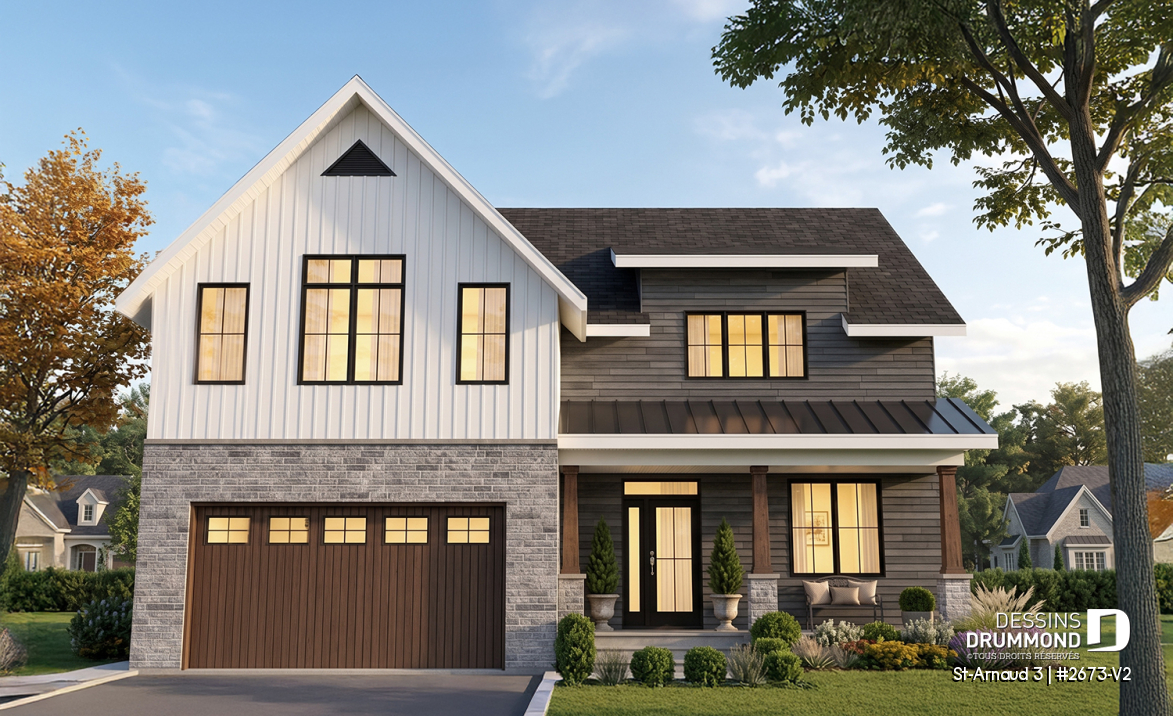 Vue avant - MODÈLE DE BASE - Plan de maison farmhouse moderne – 4 chambres, garage double et foyer spectaculaire - St-Arnaud 3