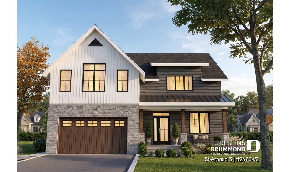 Vue avant - MODÈLE DE BASE - Plan de maison farmhouse moderne – 4 chambres, garage double et foyer spectaculaire - St-Arnaud 3