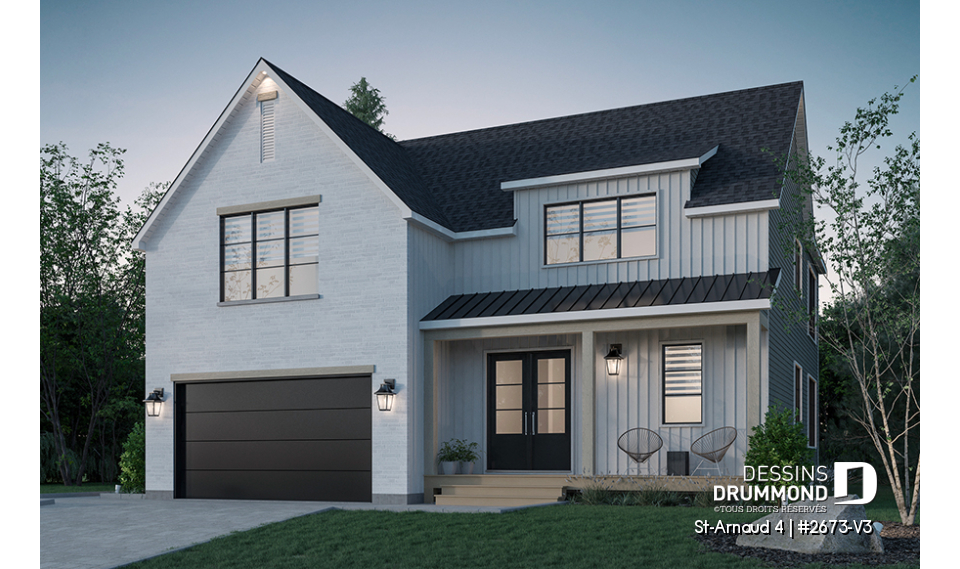Version couleur no. 1 - Vue avant - Maison d'inspiration scandinave, 3 chambres, garage, bureau, cellier, garde-manger - St-Arnaud 4