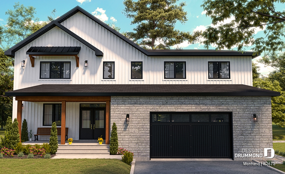 Vue avant - MODÈLE DE BASE - Plan de maison 3 à 4 chambres + bureau, garage spacieux, atelier accessible de l'extérieur, garde-manger - Montana