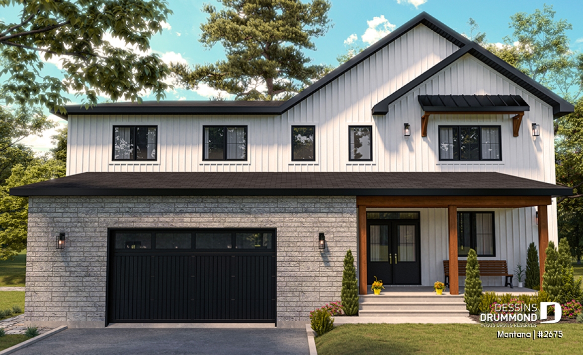 Vue avant - MODÈLE DE BASE - Plan de maison 3 à 4 chambres + bureau, garage spacieux, atelier accessible de l'extérieur, garde-manger - Montana