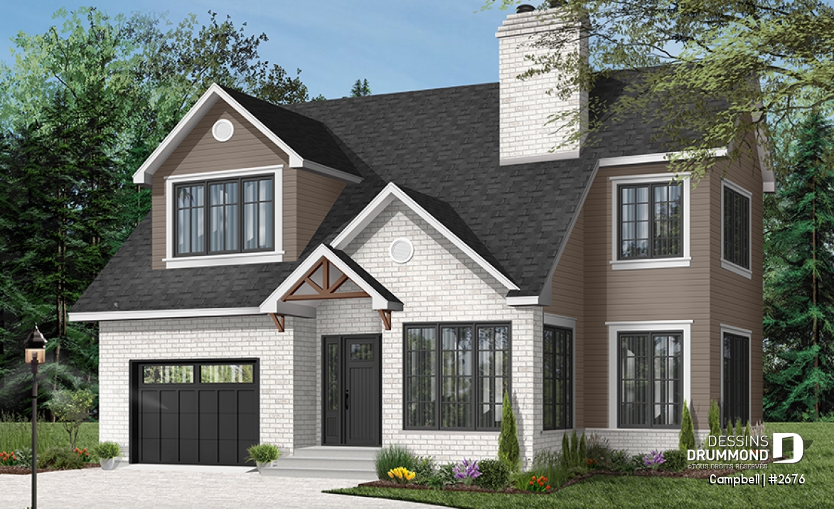 Version couleur no. 2 - Vue avant - Plan de cottage avec garage, 38' de façade, 3 chambres, 2 salles de bain &amp; buanderie à l'étage, foyer - Campbell