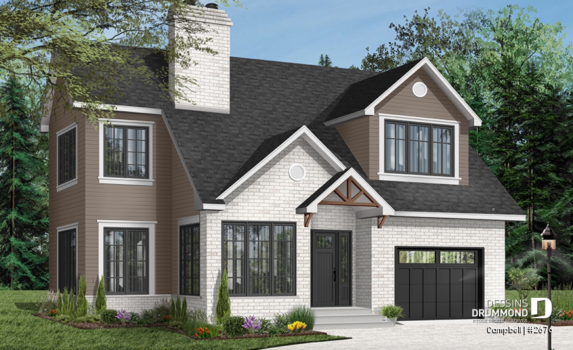 Version couleur no. 2 - Vue avant - Plan de cottage avec garage, 38' de façade, 3 chambres, 2 salles de bain &amp; buanderie à l'étage, foyer - Campbell
