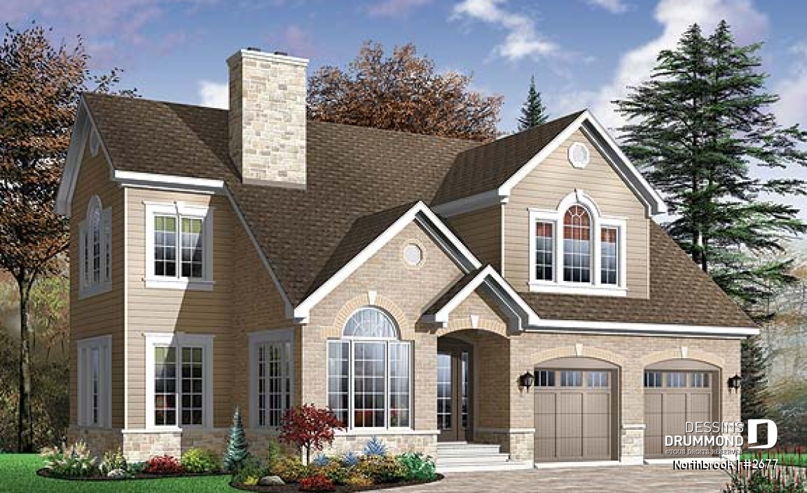 Vue avant - MODÈLE DE BASE - Plan de maison à 2 étages, garage double, 4 chambres, bureau à domicile, suite des maîtres - Northbrook