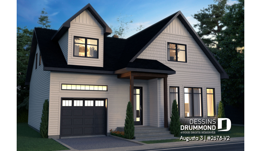 Vue avant - MODÈLE DE BASE - Plan de maison à étage 3 chambres, garage, grande cuisine, garde-manger, vestiaire - Augusta 3