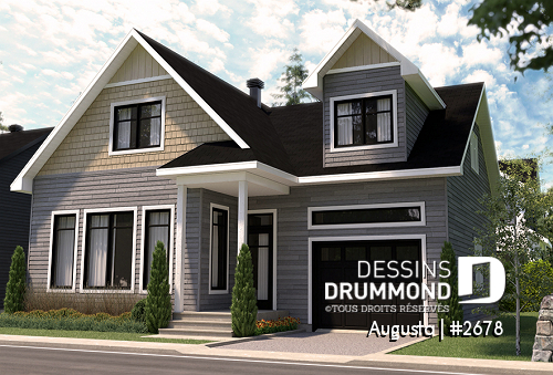 Version couleur no. 1 - Vue avant - Plan de maison style Cape Cod 3 chambres, garage, idéale pour terrain étroit, garde-manger, buanderie au r-d-c - Augusta