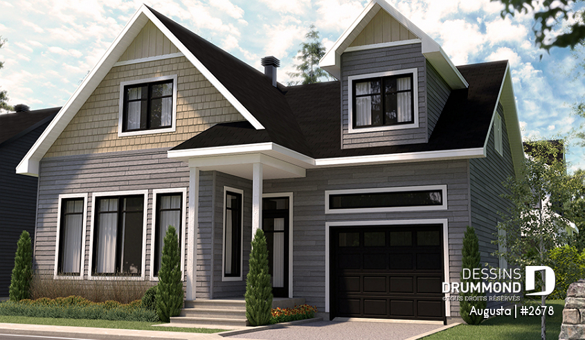 Version couleur no. 1 - Vue avant - Plan de maison style Cape Cod 3 chambres, garage, idéale pour terrain étroit, garde-manger, buanderie au r-d-c - Augusta