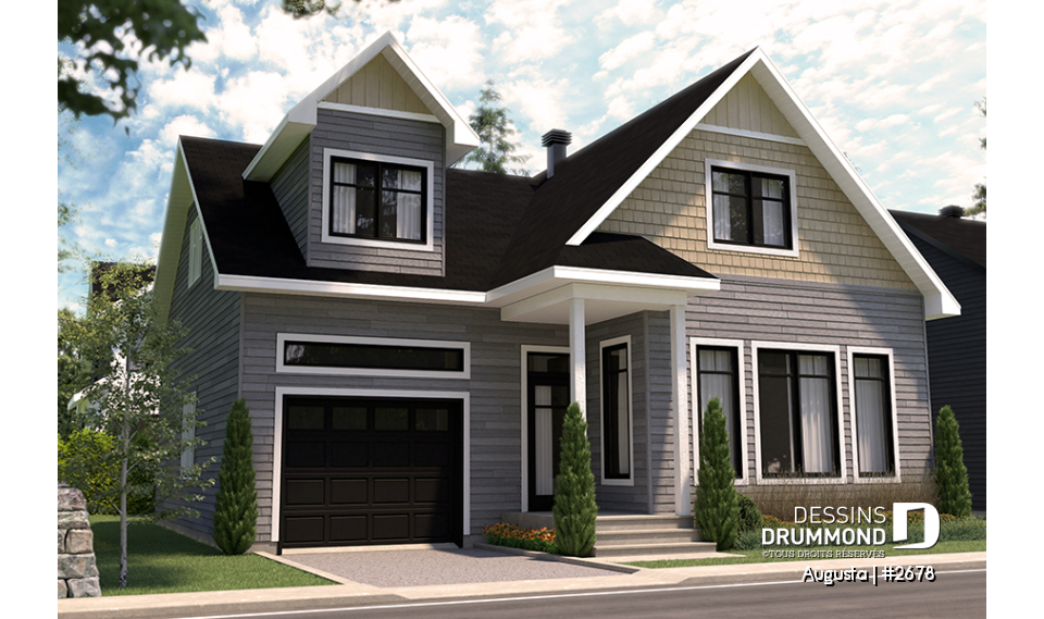 Version couleur no. 1 - Vue avant - Plan de maison style Cape Cod 3 chambres, garage, idéale pour terrain étroit, garde-manger, buanderie au r-d-c - Augusta