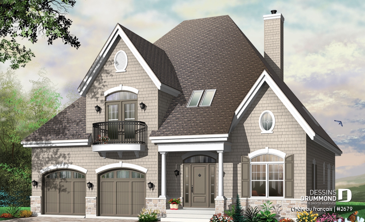 Vue avant - MODÈLE DE BASE - Plan de Maison 4 chambres, style moderne rustique, garage double, bureau, grande cuisine avec coin déjeuner - Château français