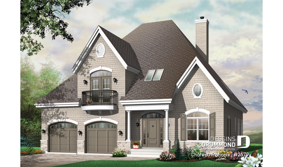 Vue avant - MODÈLE DE BASE - Plan de Maison 4 chambres, style moderne rustique, garage double, bureau, grande cuisine avec coin déjeuner - Château français