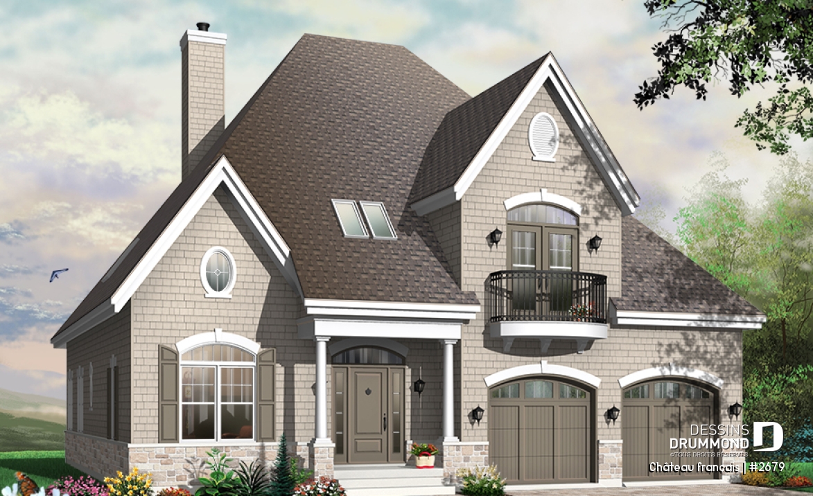 Vue avant - MODÈLE DE BASE - Plan de Maison 4 chambres, style moderne rustique, garage double, bureau, grande cuisine avec coin déjeuner - Château français