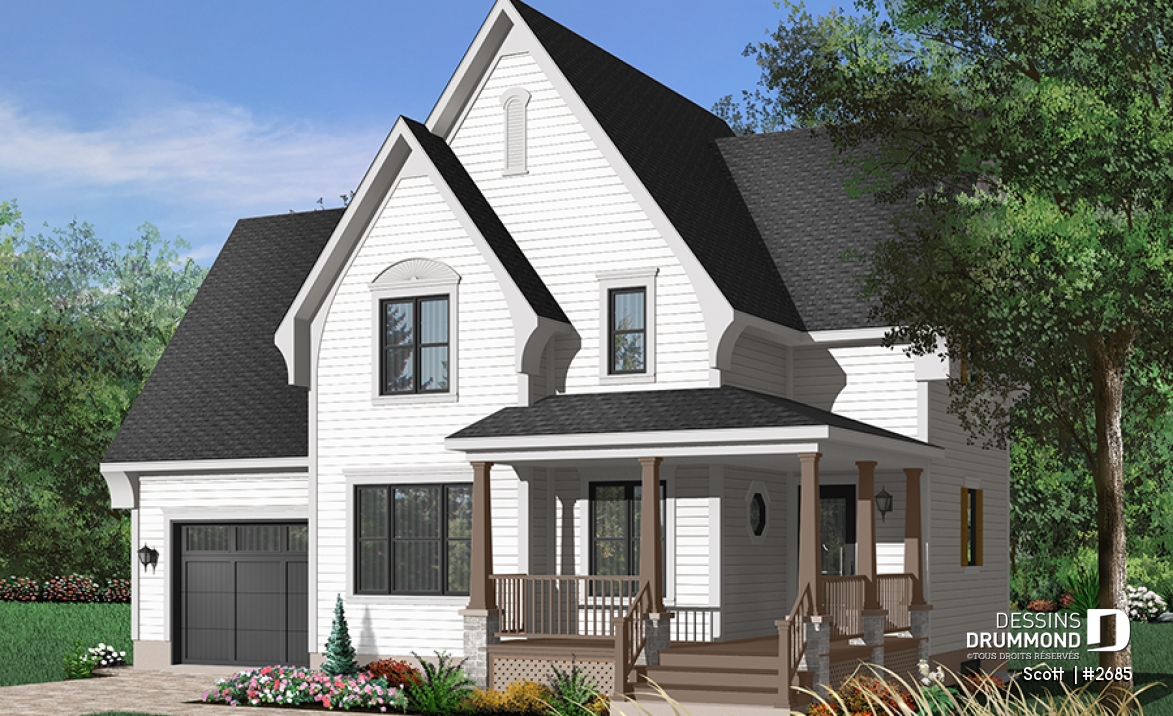 Version couleur no. 2 - Vue avant - Plan de maison Tudor 3 chambres, garage, espace remarquablement ouvert, buanderie, îlot - Scott 